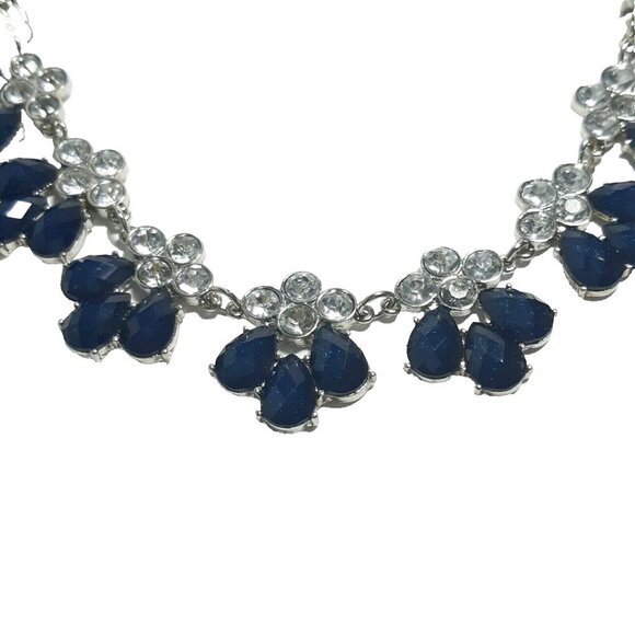 Charming Charlie Statement Necklace Navy Blue Rhinestone Crystal Silver Tone - Picture 2 of 5